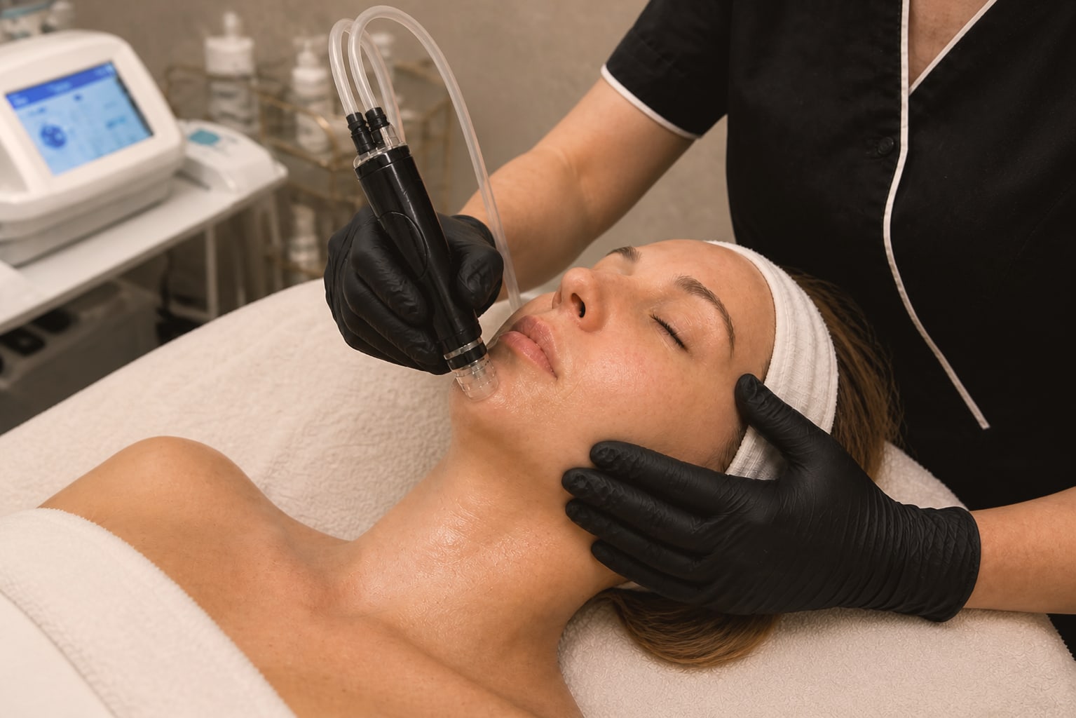 Aqua Facial Platinbehandlung mit dem Handstück an der Wange einer Kundin bei Maru Kosmetik in Karlsruhe-Grötzingen
