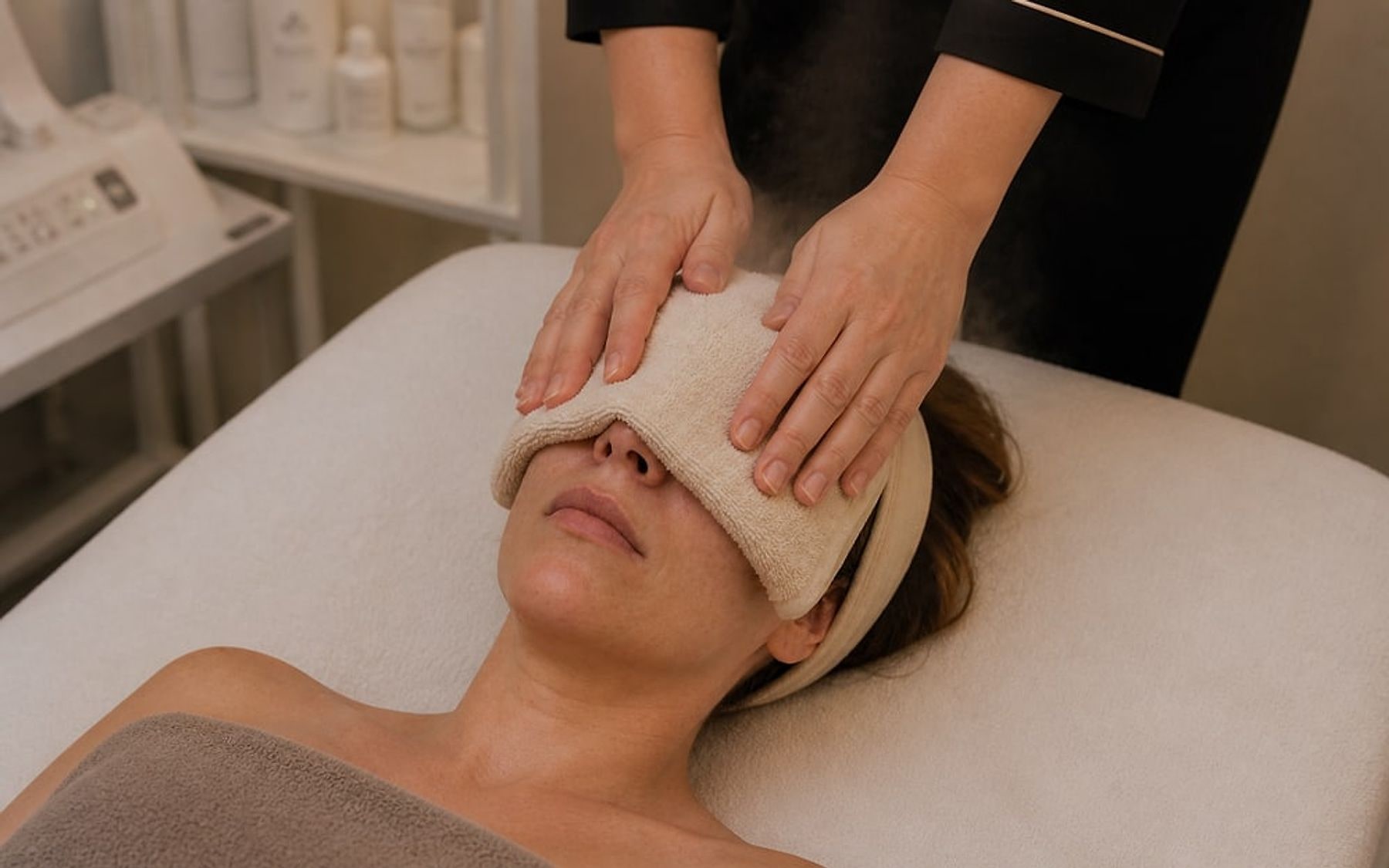 Warme Kompresse bei der Wellness-Gesichtsbehandlung bei Maru Kosmetik in Karlsruhe-Grötzingen