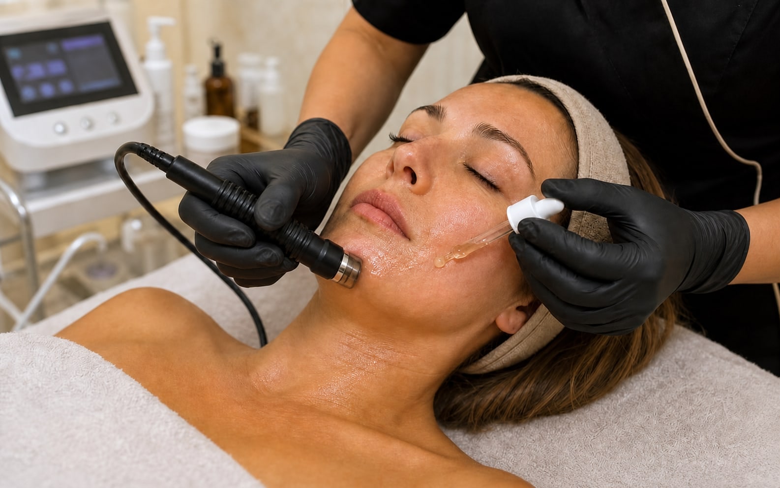 Microneedling mit Nadelkartusche am Gesicht einer Kundin bei Maru Kosmetik in Karlsruhe-Grötzingen