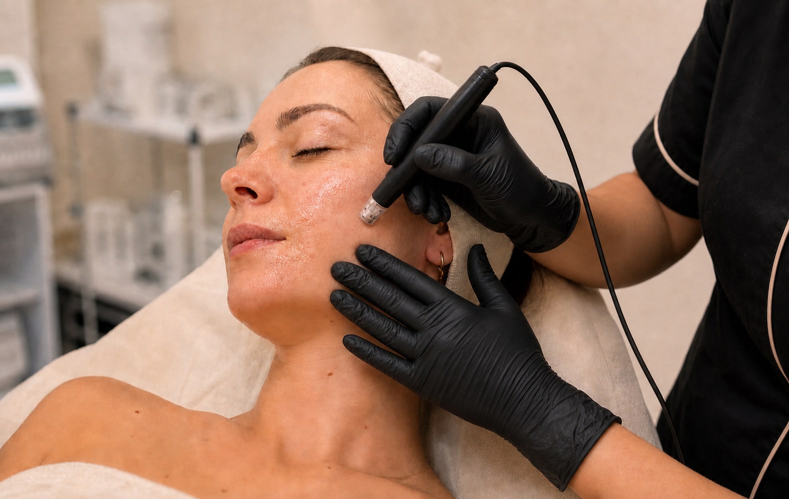 Nanoneedling mit der Silikon-Kartusche an der Wange einer Kundin bei Maru Kosmetik in Karlsruhe-Grötzingen